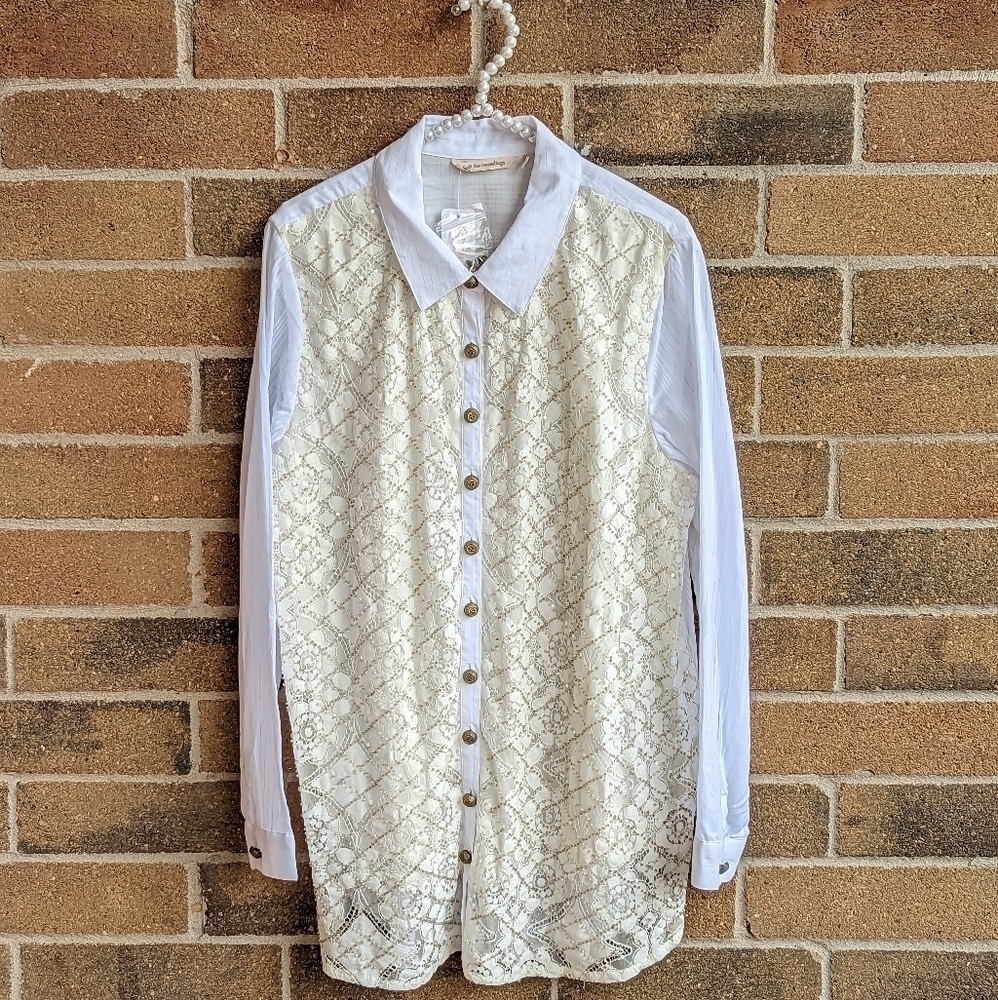 SOFT Sorepundings Beaded Lace Button Down Longsleeve Blouse Top